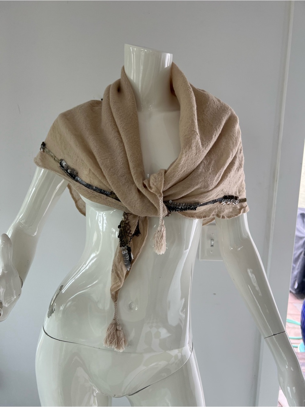 Aphorism 100% Wool Neutral Beige Scarf Beaded Embellished with Tassels